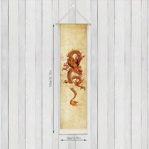 DigiTizerArt Hanging Canvas Wall Art Poster Tapestry - Chinese Soaring Golden Dragon Totem, Traditional Asian Design, HD Printed Wall Decor for dorm bedroom (13x53 Inches) thumbnail 3