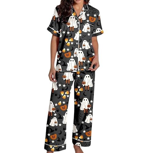 LVOFTJU Halloween Pajamas Women Fall Cute Satin Ghost Pumpkin Print Short Sleeve Button Top and Pants Matching Sleepwear thumbnail 2