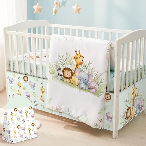 Hahafelt 4 Pieces Baby Crib Bedding Set for Girls and Boys, Soft Baby Bedding Set Including Crib Skirt, Comforter, Sheet and Diaper Stacker for Nursery (Wildlife Theme) - Image 1