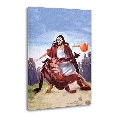 Jesus Vs Satan in Basketball Poster Funny Christain Poster Decorative Painting Canvas Wall Art Living Room Posters Bedroom Painting 12x18inch(30x45cm) - 18L" x 12W" - Ready To Hang-1 - Image 1