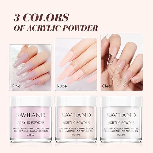 Saviland Acrylic Nail Kit, 3 Colors Pink Nude Clear Acrylic Powder and Liquid with Brush, Froms Dappen Dish Set for Nail Extensions & Manicures thumbnail 2