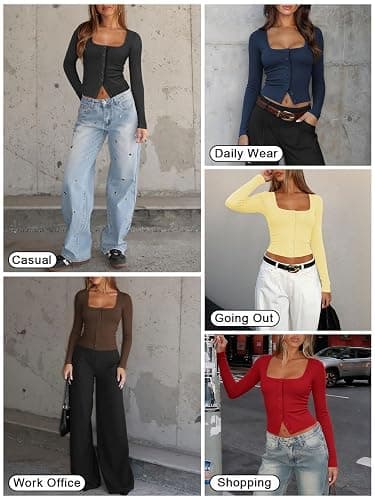 Pungdra Womens Button Up Tops for Women Knit Ribbed Fitted Button Down Cardigan Long Sleeve Going Out Tops Fall Clothes thumbnail 7