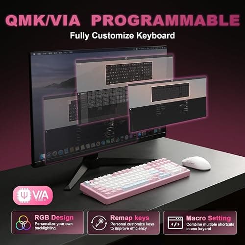YUNZII AL98 QMK/VIA Wireless Mechanical Gaming Keyboard,Full Aluminum,BT/2.4G/USB-C, Pre-Lubed Hot Swappable Gasket Mount 1800 Layout,RGB Backlit for Win/Mac (Pink, Milk Switch) thumbnail 4