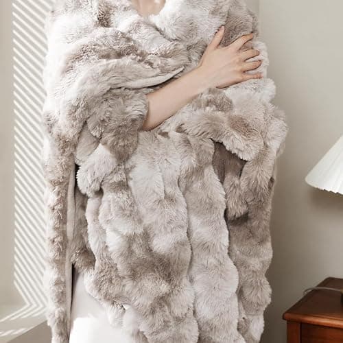 Faux Rabbit Fur Throw Blanket for Couch, Fluffy Warm Plush Thick Bubble Blanket for Bed Sofa Living Room, Soft Cozy Furry Blanket, 50x60 inches, Tie-dye Khaki thumbnail 7