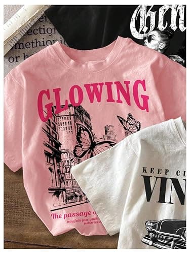 RoseSeek Girl's 3 Packs T Shirts Set Letter Graphic Tees Short Sleeve Crew Neck Summer Tee Shirt thumbnail 4