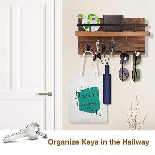 OurWarm Wall Mounted Key Holder/Hangers for Wall Decorative with 5 Key Hooks, Wooden Mail Rack Organizer with Shelf, Rustic Home Decor for Entryway Mudroom Hallway Office, Brown thumbnail 7
