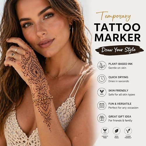 Temporary Tattoo Marker for Skin, 15 Colors Tattoo Pen + 50 Stencils for Painting + 43 Henna Tattoo Sticker, Glitter & Matte & Neon Glow Face Body Paint Markers for Teens and Adult thumbnail 4