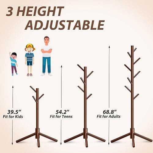 Unisakey Durable Wooden Coat Rack, Freestanding Coat Rack with Stable Triangular Base, 8 Hooks & 3 Adjustable Heights, Simple Assembly for Bedroom, Hallway, Office(New Brown) thumbnail 7
