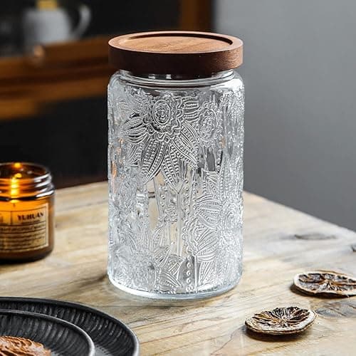 LODIKE 35oz/1000ml Glass Storage Jars with Nature Wood Lids, Airtight Food Storage Containers for Kitchen Organization, Large Capacity for Cookie, Pasta, Sugar, Flour, Cereal - Set of 2 （sunflower） thumbnail 2