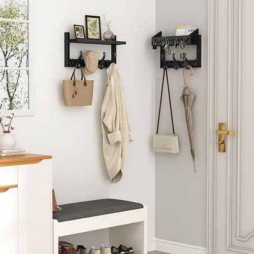 Evermagin 29" Coat Rack Wall Mount with Shelf, 4 in 1 Coat and Key Hanger with 11 Metal Hooks, Entryway Wall Mounted Shelf with Mail Holder for Living Room, Bedroom, Black thumbnail 3