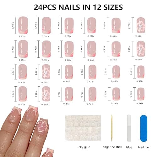 24pcs Short Square False Acrylic Press On Nails Reusable 3D Embossed French Tip Design with Cute Flowers (Pink-631) thumbnail 4