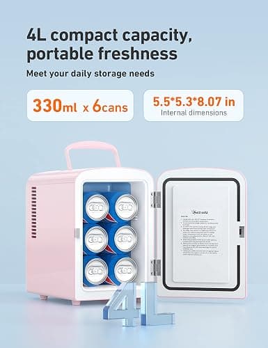 AstroAI Mini Fridge 4 Liter/6 Cans Makeup Skincare Fridge Portable Cooler and Warmer Little Tiny Fridge for Bedroom (Pink) thumbnail 2