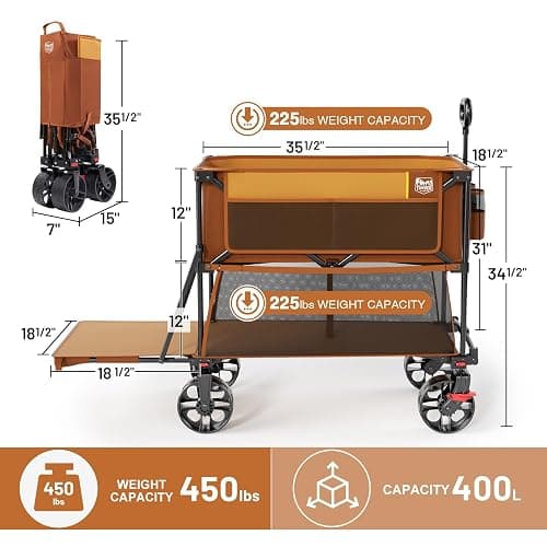 TIMBER RIDGE 400L Large Capacity Folding Double Decker Wagon with Brakes, 54" Extra Long Extender Wagon Cart, 450lbs Heavy Duty Collapsible Cart, All-Terrain Big Wheels for Camping, Sports, Shopping thumbnail 9