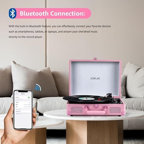 Portable Record Player with Bluetooth 3 Speed Turntable Built in Rechargeable Battery Vintage Suitcase Design with RCA Line Out and Aux in thumbnail 3