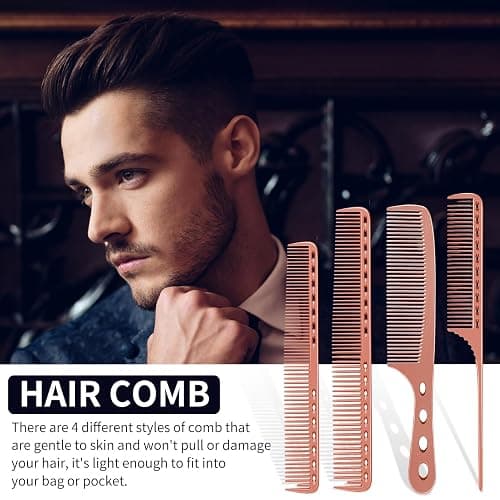 Professional Barber Aluminum Comb Set for Dressing, Cutting Hair, and Styling: Long/Short Hair Combs, Handle, and Tail Comb (Rose Gold) thumbnail 2