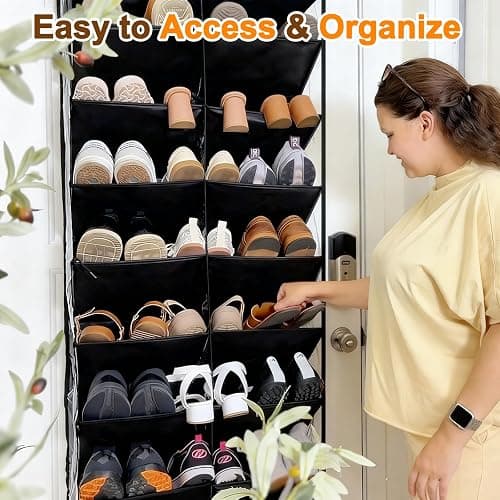 UVIAHOMI 20-30 Pairs Over the Door Shoe Organizer, Clear Pockets Hanging Shoe Storage for Closet, 10-Tier Door Shoes Rack, Handing Shoes Holder Fit All the Family's Sneakers, Boots, Heels, Black thumbnail 5