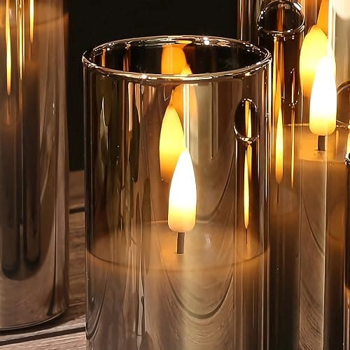Eywamage 5 Pack Grey Glass Flameless Candles with Remote, Flickering Slim Tall LED Pillar Votive Candles Battery Included - Gray thumbnail 8