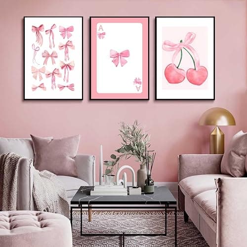 3Pcs Trendy Pink Bows Wall Art Preppy Watercolor Bows Canvas Posters Prints Girly Aesthetic Wall Decor Pictures for College Apartment Bedroom Decoration, Unframed 12x16in thumbnail 2