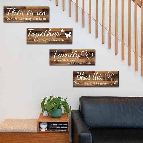 4 Pieces Home Wall Signs, THIS IS US/TOGETHER/BLESS THIS HOME/FAMILY Wall Decor For Living Room Bedroom, Rustic Wooden Farmhouse Wall Art , 4.7 x 13.8 Inch(Brown) thumbnail 2