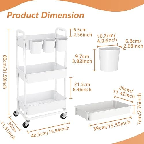 JIUYOTREE 3-Tier Plastic Rolling Storage Cart Utility Cart with Extra Hanging Cups Handles Lockable Wheels for Living Room Bathroom Kitchen Office White thumbnail 2