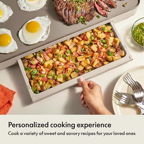 bella 12" x 22" Electric Griddle with Warming Tray, EverGood™ Ceramic Nonstick Coating & Removable Temperature Probe, Dishwasher-Safe Drip Tray & Cool Touch Handles, 1500 Watt, Oatmilk thumbnail 7