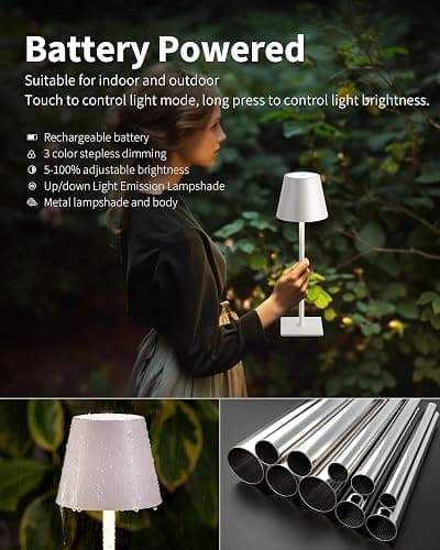 KDG 2 Pack Cordless Table Lamp, Portable LED Desk Lamp, 5000mAh Battery Operated, 3 Color Stepless Dimming Up, for Restaurant/Bedroom/Bars/Outdoor Party/Camping/Coffee Shop Night Light(White) thumbnail 4