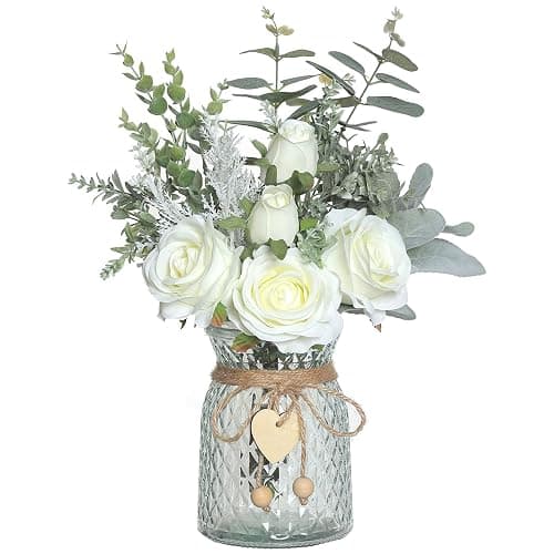 Faux Flowers with Vase,Artificial Silk Roses in Vase, Fake Plant Eucalyptus Flower Arrangement for Home Office Farmhouse Bathroom Dining Table Centerpiece Decorations Coffee Table Decor (White) - Image 1