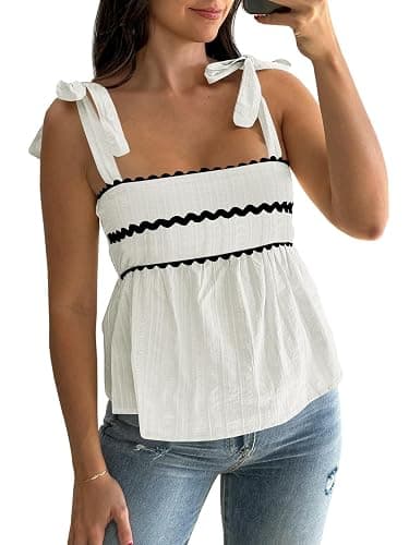 Tankaneo Womens Babydoll Tops Summer Tie Strap Peplum Tops Cute Tank Tops | Casual, Square Neck, Flowy Hem, Backless Top, Vacation Outfits - Image 1