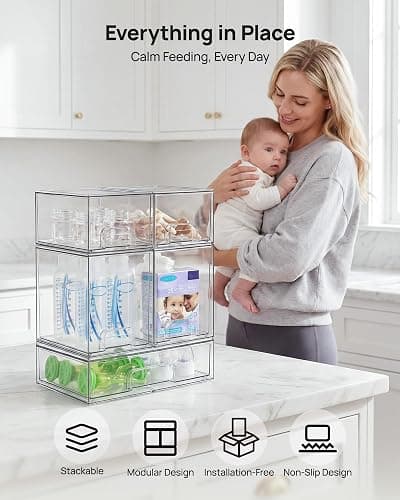 Vtopmart Stackable Storage Drawers Set of 5, Clear Plastic Organizer Bins for Baby Bottle, Beauty Supplies Storage, Ideal for Kichen Countertop, Vanity, Bathroom, Cabinet, Pantry Organization thumbnail 4