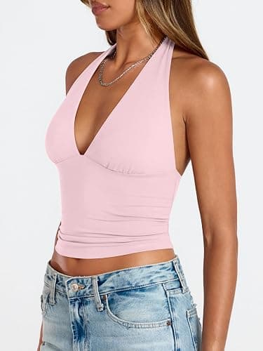 Trendy Queen Double Lined Halter Top for Women Open Back Backless Deep V Neck Crop Top Summer Teen Going Out Party Clubbing thumbnail 4