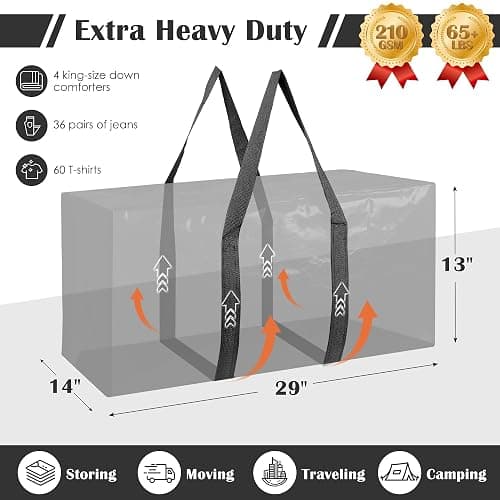 RMOHRO 6 Pack Extra Large Heavy Duty Moving Bags with Reinforced Zipper & Wide Handles, Moisture-Resistant Storage Bins Packing Cubes for Clothes, College Dorm, Travel, and Home Organization, Black thumbnail 2