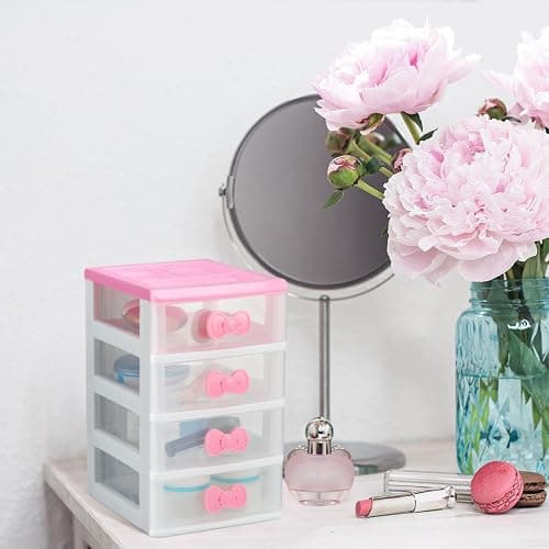 Tatuo Lovely Receiving Storage Cabinets Kawaii Makeup Organizer with 4 Layers Cute Storage Cabinet Box with Bow Handle Plastic Desktop Storage Box for Home Bedroom Bathroom Women Gifts(Clear) thumbnail 6