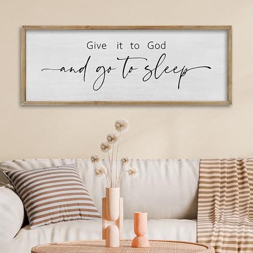 FZMHASLWW Give It To God And Go To Sleep Sign Above Bed Wall Decor 32"×12" Master Bedroom Over Bed Rustic Bible Verse Christian God Holy Catholic Farmhouse Horizontal Wall Art (Wood) thumbnail 6