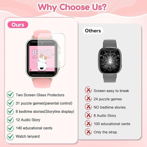 cjc Smart Watch for Kids Gift for Girls Ages 4-12 - Includes Screen Protector, 30+ Games, 140 Learning Cards, HD Touch Screen, Camera, Music, Pedometer - Fun & Educational Birthday Gift Idea (Pink) thumbnail 8