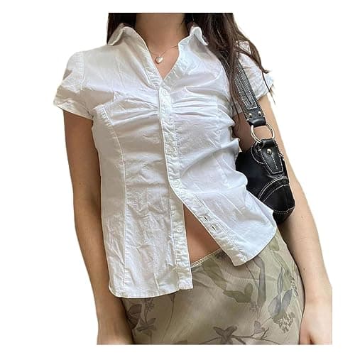 Women Y2k Short Sleeve Button Down Shirts Casual V Neck Button Up Top Vintage Slim Fit Collared Going Out Blouse - Image 1