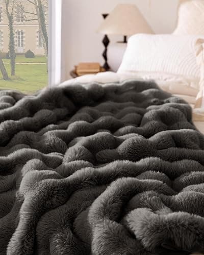 blunique Ultra Soft Cozy Faux Fur Throw Blanket-Fuzzy Plush Thick Bubble Blanket, Fluffy Blanket for Couch, Sofa, Bedroom, and Living Room, 50x60 Inches, Dark Grey thumbnail 8