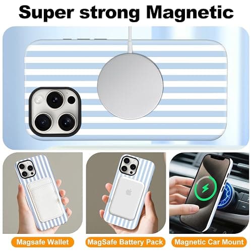 flewfun Magnetic for iPhone 15 Case Cute Stripes Phone Case, Shockproof Slim TPU and Hard PC Protective Phone Cover Compatible with MagSafe Designed for Women Girls, Blue and White thumbnail 4
