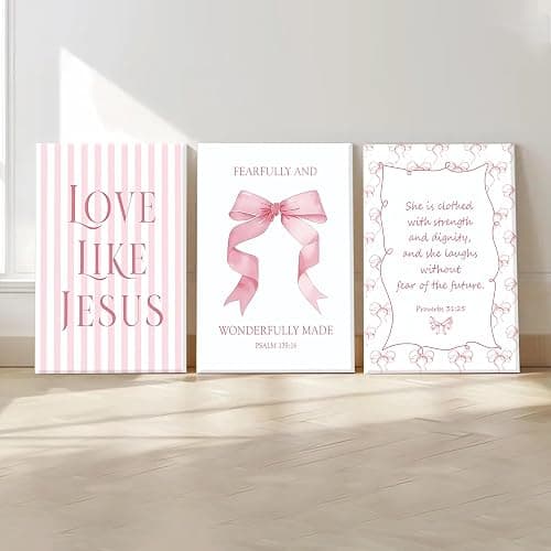 Coquette Pink Bow Wall Art Set of 3, Light Pink Bow Dorm Room Wall Decor Paintings, Inspirational Scripture Verses Canvas Posters Prints Pictures for Girls Dorm Room Bedroom Bathroom 12x16 Inch Framed thumbnail 5