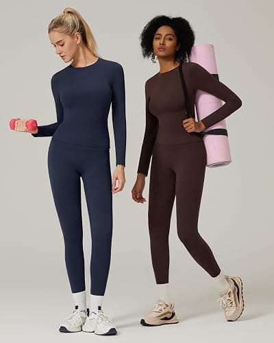 RXRXCOCO Slim Fit Workout Sets for Women 2 Piece Hidden Scrunch Leggings Long Sleeve Yoga Tops Matching Set Gym Outfits thumbnail 5