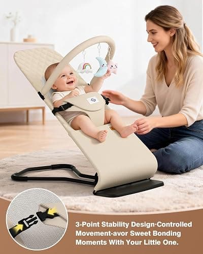 Feeplas Baby Bouncer, Bouncer Seat for Babies 0-12 Months, Ergonomic Rocking Chair with Detachable Hanging Bar, 3-Height Adjustments, Foldable & Portable Infant Rocker, Machine Washable Fabric, Beige thumbnail 5