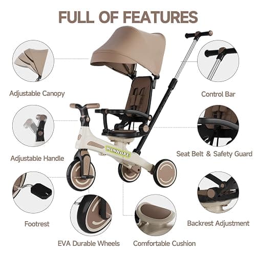Kids Tricycle, 6 in 1 Baby's Toddler Trike with Adjustable Handle(Coffee) | Reversible Seat and Canopy, Baby Stroller for 1-6 Year Olds, All-Terrain Wheels, Best Gift Suitable for Outdoor Activities thumbnail 5