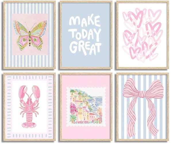 6Pcs Unframed Pink Blue Beach Wall Art Trendy Coastal Granddaughter Wall Decor Picture Summer Preppy Lobster Bow Canvas Posters Prints for Girls Apartment Dorm Home Decorations - Image 1