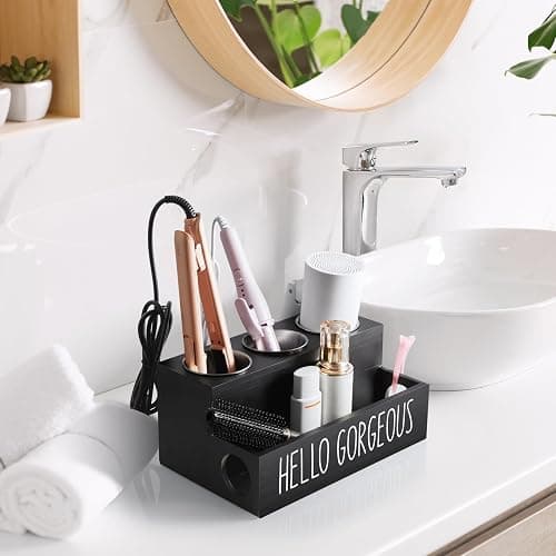 Bivvclaz Hair Tool Organizer Wall Mount, Wooden Hair Dryer Holder Countertop, Hot Tools Organizer for Hair Styling Accessories, Bathroom Supplies Vanity Caddy for Curling Wand, Blow Dryer, Black - Black thumbnail 6
