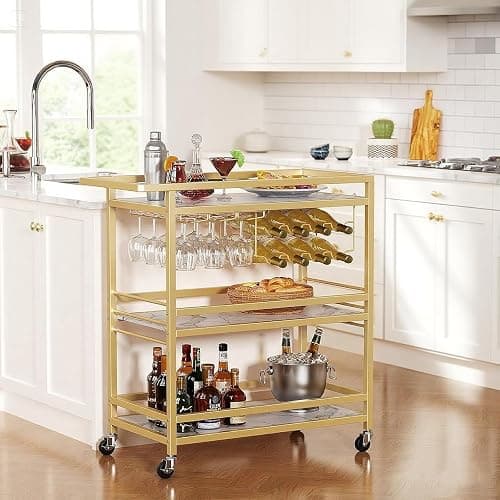 Leteuke Bar Cart for Home, 3 Tier Gold Serving Rolling Carts with Wheels, Drink Cart, Liquor Stand with Marbled Wooden Shelves, Wine Rack and Glass Holder for Kitchen, Dining Room thumbnail 2