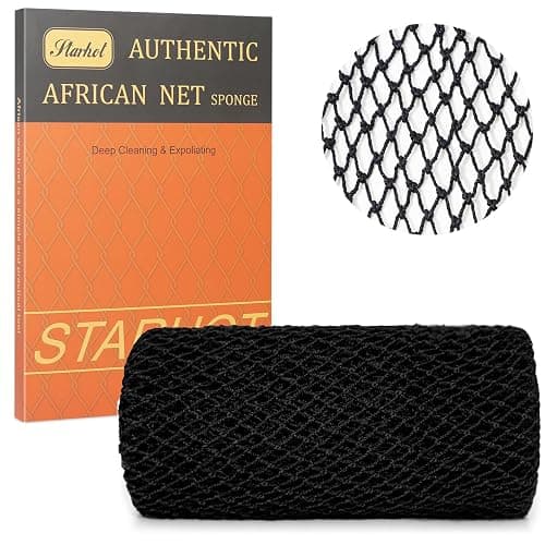 African Net Sponge Authentic with Knots, Exfoliating Bath Sponge & Body Scrubber for Dead Skin Removal, Long Flat Back Scrubber for Foot, Scalp and Body Wash, by Starhot (1-Pack Black) - Image 1