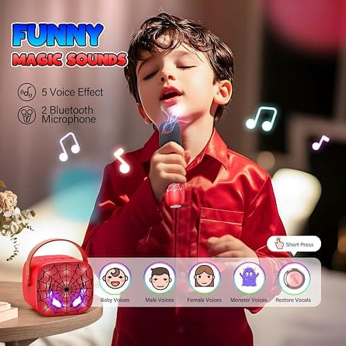 Mini Karaoke Machine Toys Gifts: Kids Toys Easter Birthday Gifts for 4 5 6 7 8 9 Years Old Girl Boy LED Portable Bluetooth Speaker with 2 Wireless Microphone Girl Boy Kid Adult Gift Toy Age 3-12+ - Red thumbnail 4