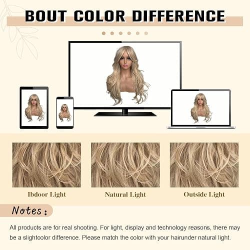 Jolelyne Long Golden Blonde Wavy Layered Wig with Curtain Bangs for White Women Synthetic Platinum Blonde Highlight Wig Light Brown Body Wave with Bangs Middle Part for Daily Party Use thumbnail 5