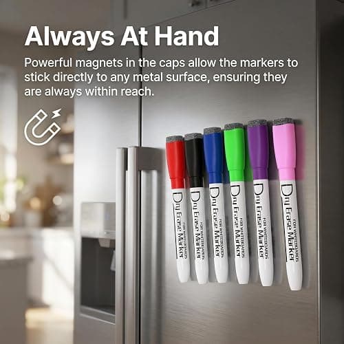 Volcanics Colored Magnetic Dry Erase Markers Fine Tip, Low Odor Whiteboard Markers with Eraser Cap, Dry Erase Pens for Calendar, Refrigerator, School, Office, Home, 6 Assorted Colors, Pack of 6 thumbnail 3