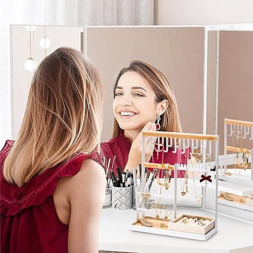 DreamGenius Jewelry Organizer Stand with Velvet Ring Holder, 4 Tier Jewelry Holder Organizer with 15 Hooks for Necklaces and 16 Holes for Earrings, White thumbnail 2