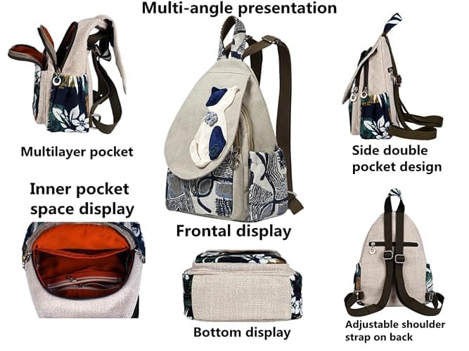 HUANGGUOSHU Boho and Bohemian Small Canvas Backpack Purse for Women - Adjustable Carry Sling Bag, Embroidered and Woven Tapestry Patterns 1 Cat thumbnail 4